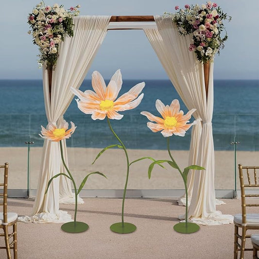 3Pcs Wedding Artificial Daisy Flowers Giant Artificial Paper Flowers Artificial Daisy Flower 3-Head Giant Fake Flowers with Standing Stems and Base for Wedding Wall Party Decor