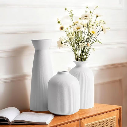 Christmas White Ceramic Flower Vases Set of 3, Large Xmas Gift Vases with Vertical Stripe Texture, Modern Decorative Vases for Dried Flowers, Home Decor for Living Room Bedroom Kitchen Shelf
