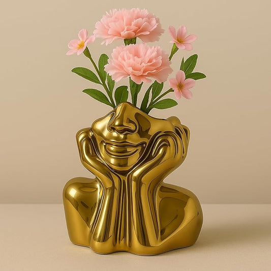 Face Vase Unique Ceramic Vase for Room,Office,Home Decor,Gold,A