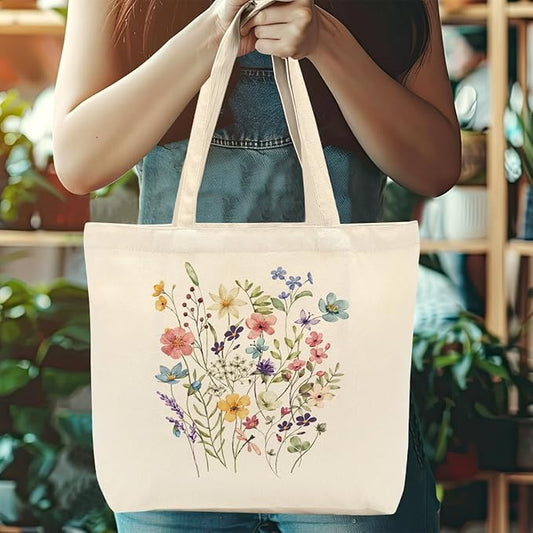 Aesthetic Floral Canvas Tote Bag for Women with Pocket, Tote Bags for Grocery Shopping Travel Christmas Birthday