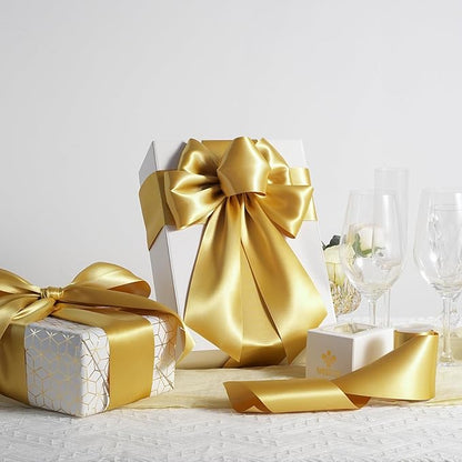 MEEDEE Gold Satin 3 Inch Ribbon Lux Double Faced Satin Ribbon Christmas by 10 Yards Tree Ribbons Wide Gold Ribbons for Christmas Tree Decoration, Weddings, Flower Bouquet