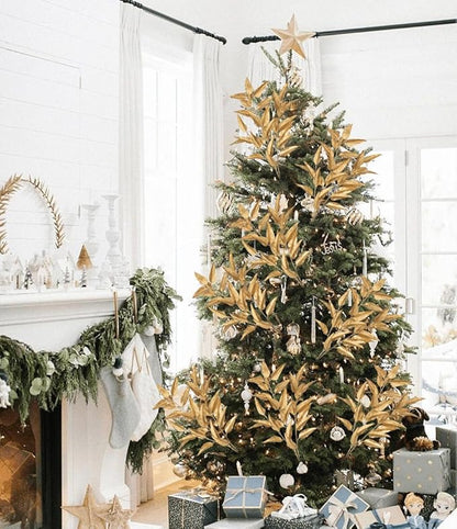 Hollyone 32” Christmas Tree Picks and Sprays 3Pcs Gold Artificial Eucalyptus Stems Eucalyptus Leaves Branches Fake Gold Leaf Floral for Vase DIY Xmas Tree Garland Wreath Centerpieces Wedding Decor