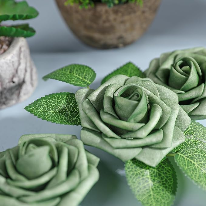 AmyHomie Artificial Flowers Green Rose 25pcs Real Looking Fake Roses w/Stem for DIY Wedding Bouquets Centerpieces Arrangements Party Baby Shower Valentines Day Christmas Tree Decorations