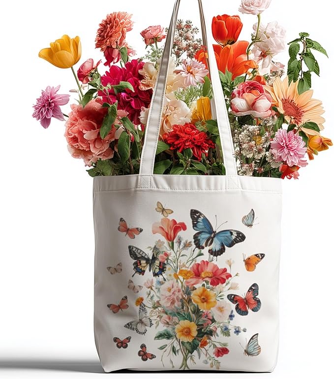 ANATTASOUL Canvas Tote Bag Butterfly Bouquet Reusable Cotton Bag for Women, Durable Cloth Shoulder Bags with Zipper Pockets for Shopping, Vacation, Work, Gym