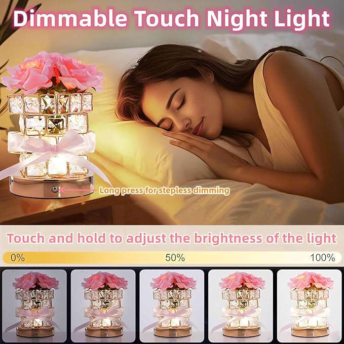 Rose Flower Lamp,Rechargeable Cordless Touch Table Lamp for Bedroom,3-Colour Dimming Small Night Light,Crystal Bedside Lamps with USB Charge,Birthday Christmas Gifts for Women,Mom (Rose Flower Lamp)