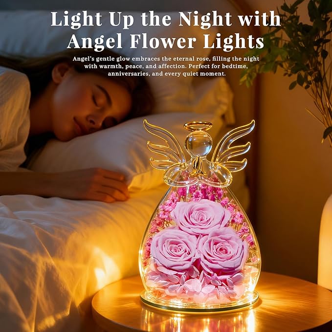 Beferr Christmas Birthday Gifts for Women, Mom Gifts for Christmas Fresh Flowers for Delivery Prime Forever Preserved Rose in Glass Angel Figurine Xmas Gifts for Grandma Wife Sister Her, Pink