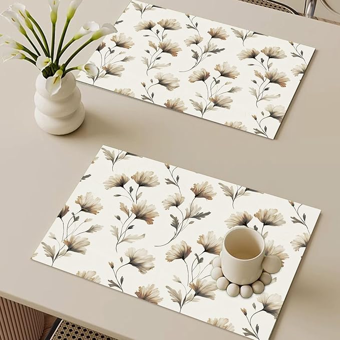 Linen Fabric Floral Placemats Set of 4 Vintage Table Mats with Beige/Brown Botanical Design, Heat-Resistant Tabletop Place Mats 12x18 in Backing for Picnic Kitchen and Dining Decor for Indoor