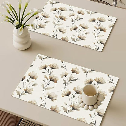 Linen Fabric Floral Placemats Set of 4 Vintage Table Mats with Beige/Brown Botanical Design, Heat-Resistant Tabletop Place Mats 12x18 in Backing for Picnic Kitchen and Dining Decor for Indoor