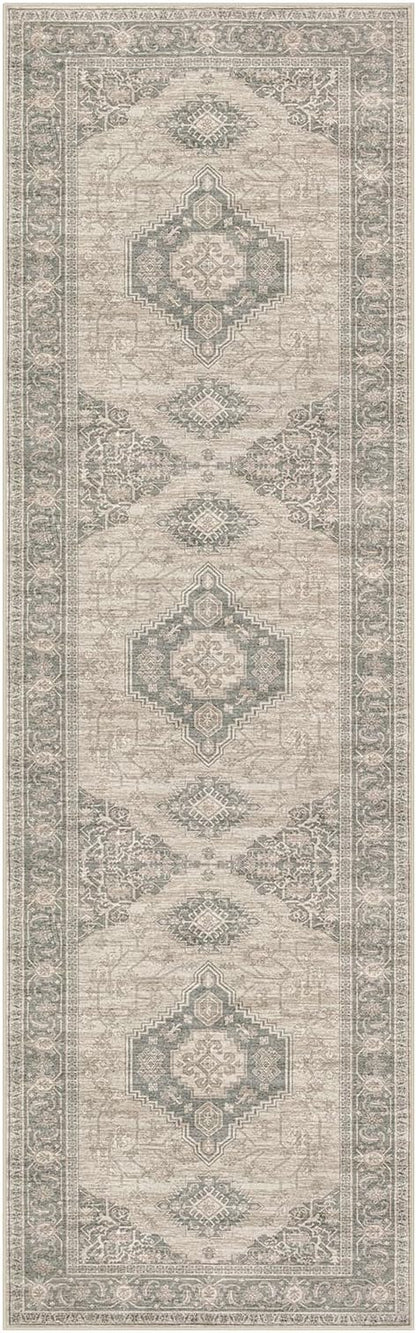 Lahome Oriental Hallway Runner Rug Non Slip, 2.5x8 Kitchen Washable Runner Soft Hallway Rug, Traditional Ultra-Thin Carpet for Bathroom Entryway ‎Laundry Room, Grey/Brown