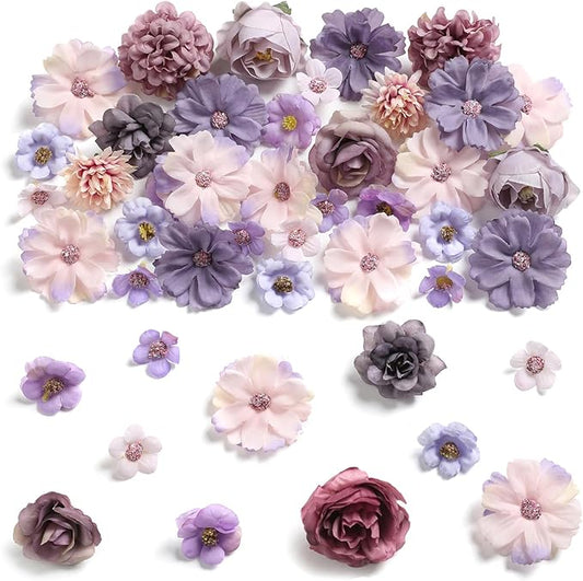 Faux Flower Heads Small Silk Artificial Flower DIY Fake Mini Flowers Rose Daisy Multicolor Flowers Craft Supplies for Wedding Party Wreath Graduation Season Party Home Decor (45, Purple)