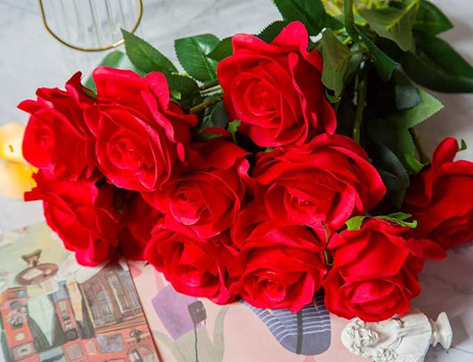 DuHouse 10pcs Fake Roses Artificial Silk Flowers Faux Rose Flower Long Stems Bouquet for Arrangement Wedding Centerpiece Party Home Kitchen Decor(Red)