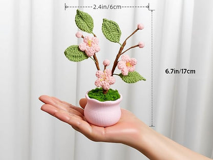 Knitting Crochet Flowers Potted Flower, Fake Forget Me Not Flowers Gift for Teacher, Friend, Family and Lover, Cute Decor for Room, Car Dashboard, Home Office Decoration(Pink Peach Blossom)