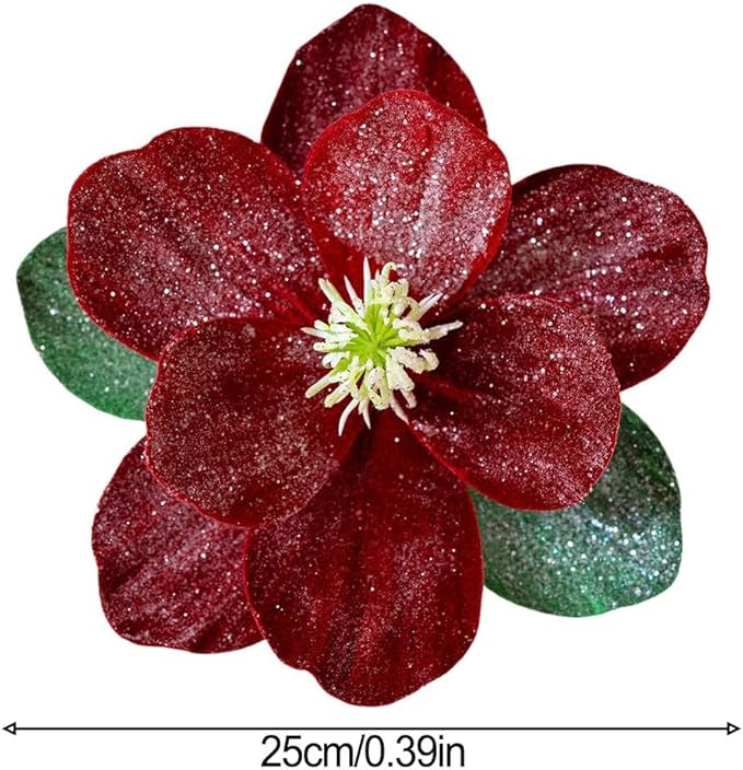 Artificial Magnolia Flowers with Glitter, Foldable Christmas Tree Decor, for Vase Arrangements, Gold