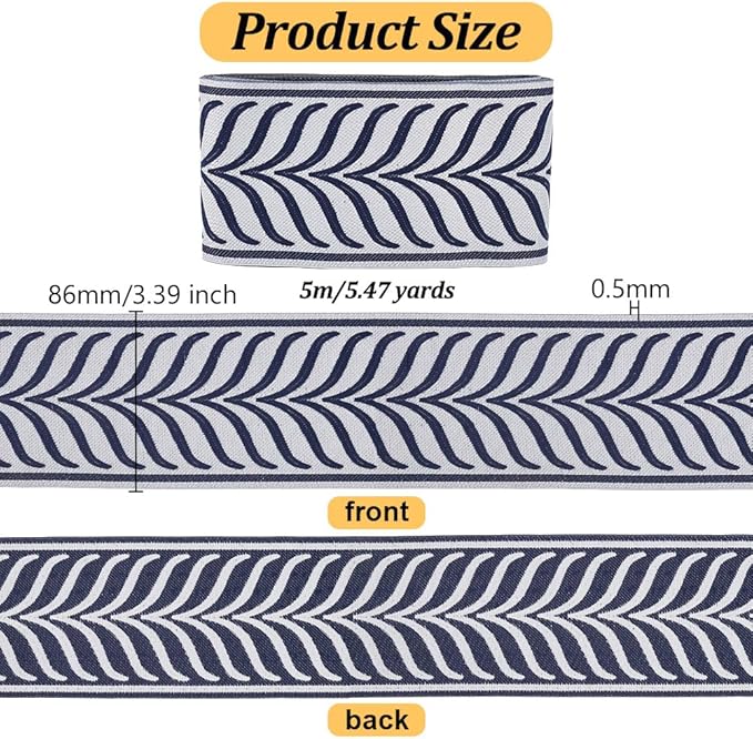 OLYCRAFT 5.5 Yards Jacquard Ribbon Trim 3.4 Inch Leaf Striped Jacquard Polyester Ribbons Marine Blue Gray Leaf Jacquards Woven Embroidery Trim for DIY Sewing Crafts Handmade Bag Belt Clothing Decor