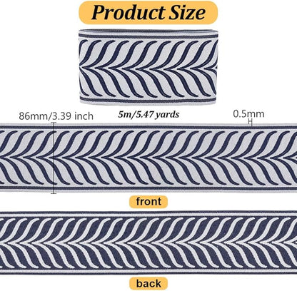 OLYCRAFT 5.5 Yards Jacquard Ribbon Trim 3.4 Inch Leaf Striped Jacquard Polyester Ribbons Marine Blue Gray Leaf Jacquards Woven Embroidery Trim for DIY Sewing Crafts Handmade Bag Belt Clothing Decor