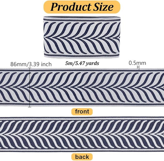 OLYCRAFT 5.5 Yards Jacquard Ribbon Trim 3.4 Inch Leaf Striped Jacquard Polyester Ribbons Marine Blue Gray Leaf Jacquards Woven Embroidery Trim for DIY Sewing Crafts Handmade Bag Belt Clothing Decor