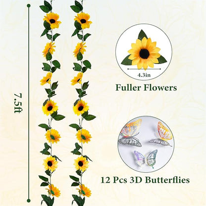 2 Pack Sunflower Garland Decorations,7.5ft Artificial Silk Sunflowers,Fake Vines with Green Leaves Hanging Flower Garlands for Birthday Party Backdrop Wedding Table Decor