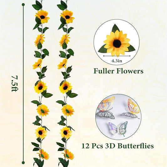 2 Pack Sunflower Garland Decorations,7.5ft Artificial Silk Sunflowers,Fake Vines with Green Leaves Hanging Flower Garlands for Birthday Party Backdrop Wedding Table Decor