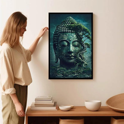 Buddha statue wall art canvas wall decor aesthetic picture mystical nature art for tranquil home and spiritual space 12x18in Metal blackFramed