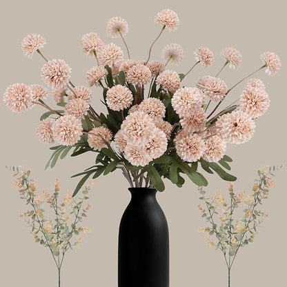 Geegoods Beige Pompon Mum Artificial Flowers with Eucalyptus – 10pcs, 21’’ Long Stems Fake Flowers for Vase Floral Arrangements Christmas Table Centerpieces Bouquets & Rustic Home Décor