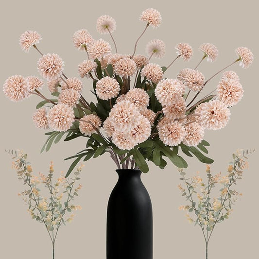 Geegoods Beige Pompon Mum Artificial Flowers with Eucalyptus – 10pcs, 21’’ Long Stems Fake Flowers for Vase Floral Arrangements Christmas Table Centerpieces Bouquets & Rustic Home Décor