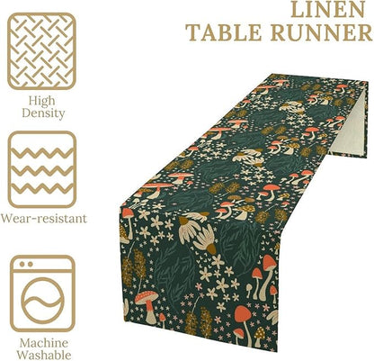 Mushroom Table Runner, Cartoon Woodland Summer Flowers Plants Forest Seasonal Spring Kitchen Dining Table Decoration for Home Party Decor, 13x70inch