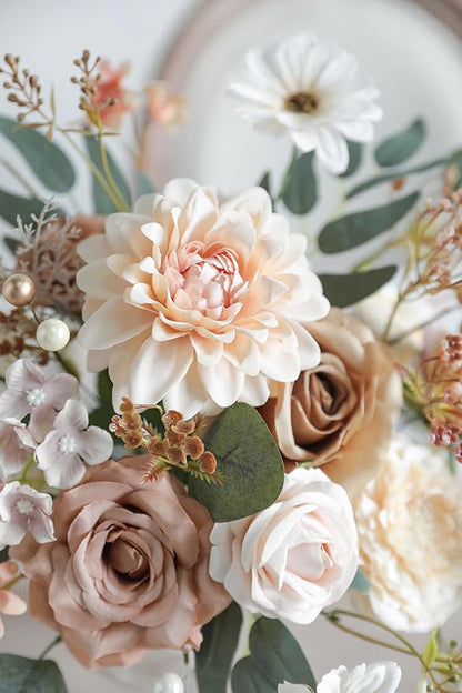 YYHUAWU Artificial Flowers Combo Set Fake Flower Leaf Box with Stems for DIY Wedding Bouquets Centerpieces Arrangements Baby Shower Party Home Decorations (Brown & Nude Color)