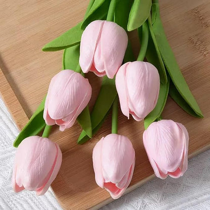 Pink Faux Tulips (20 Pcs) - Premium PU Artificial Flowers for Christmas & Thanksgiving Table Setting, Winter DIY Home Decor - 13.5" Real Touch