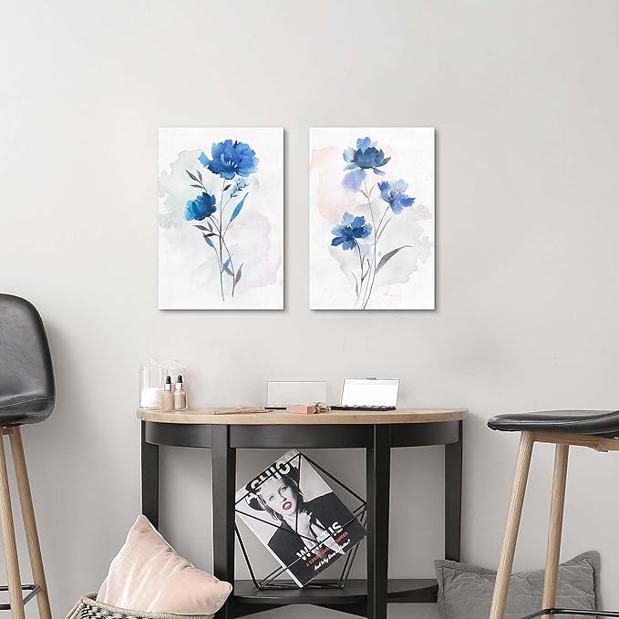 Flower Canvas Abstract Wall Art: 2 Pieces Navy Blue Floral Prints Artwork Vintage Wildflower Bouquet Botanical Picture Painting for Bedroom Living Room Bathroom Home Office