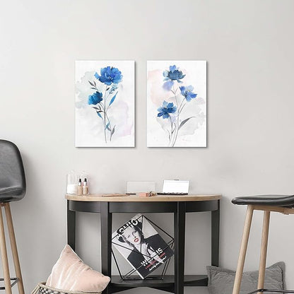 Flower Canvas Abstract Wall Art: 2 Pieces Navy Blue Floral Prints Artwork Vintage Wildflower Bouquet Botanical Picture Painting for Bedroom Living Room Bathroom Home Office