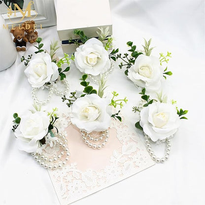 Meldel White Rose Wrist Corsage, Pack of 2 PCS Wedding Bridal Wrist Flower Corsage Hand Flower Artificial Silk Rose Decor for Prom Party Wedding