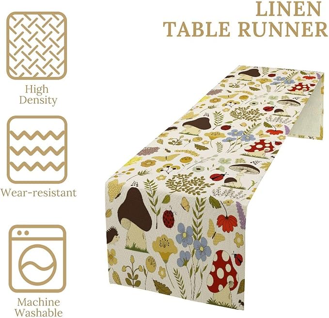 Mushroom Wildflower Table Runner Colorful Cartoon Style Cute Plants Dinner Runner for Farmhouse Cabin Home Kitchen Dining Holiday Party Decor 13x90in
