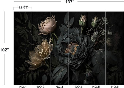 Eierme-Mysterious Black Peony Mural Wallpaper Peel and Stick 137" x 102"