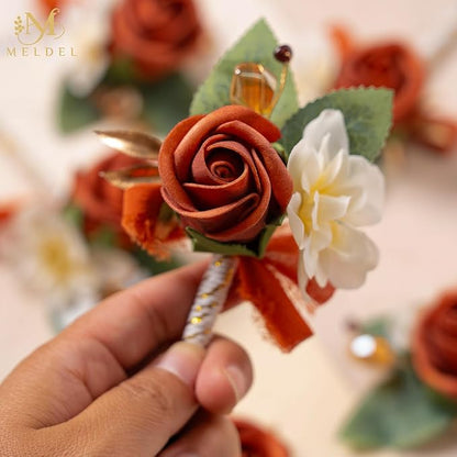 Meldel Rose Boutonniere for Men Wedding, Set of 6, Guest Groom Groomsmen Boutonnieres Prom Corsage for Weddings Homecoming Ceremony Anniversary Party Suit Decoration Flower, Burnt Orange/Terracotta