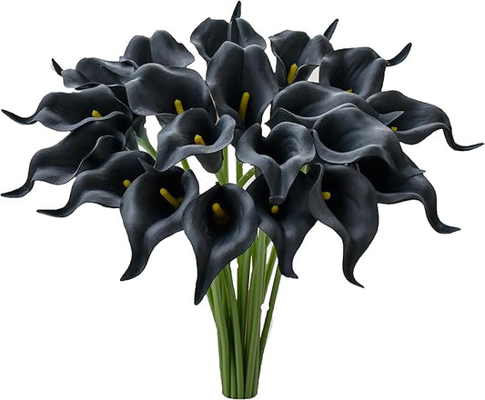 Mandy's PU Black Calla Lily Artificial Flowers 20 Stems 13.5in Faux Realistic Centerpiece for Thanksgiving and Christmas Decorations DIY Bridal Bouquet Home Décor