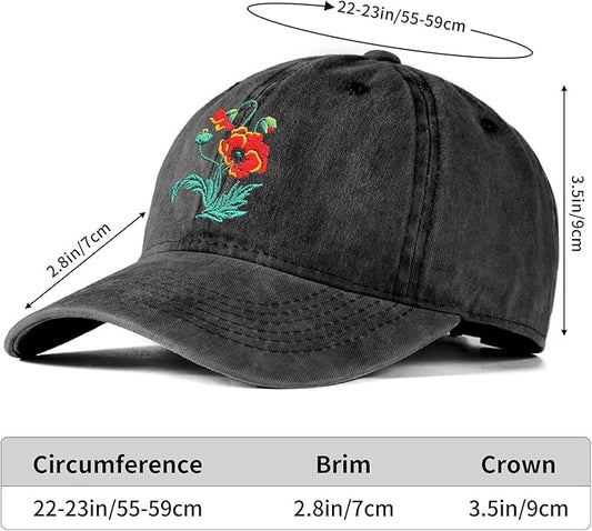 Cute Flower Hat, Elegant Floral Embroidered Adjustable Baseball Cap for Men Women, Gifts for Flower Lovers, Black