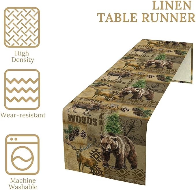 Rustic Cabin Table Runner, Farmhouse Deer Bear Retro Pine Forest Native Aztec Wild Animal Seasonal Coffee Table Center Decor for Home Kitchen Dining Holiday Party Table Decorations 13x108 inches