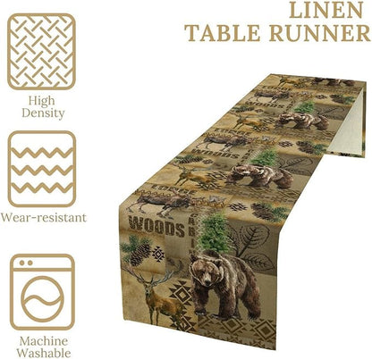Rustic Cabin Table Runner, Farmhouse Deer Bear Retro Pine Forest Native Aztec Wild Animal Seasonal Coffee Table Center Decor for Home Kitchen Dining Patio Holiday Party Table Decorations 13x36 inches