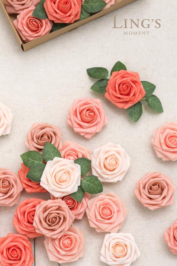 Ling's moment Artificial Flowers, 25Pcs 3" Roses in Coral Shades, Realistic DIY Foam Floral Decor for Wedding Bouquets/Centerpieces, Outdoor Party Backdrops, Room/Table, and Garden/Pot Decorations