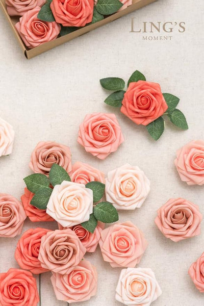Ling's moment Artificial Flowers, 25Pcs 3" Roses in Coral Shades, Realistic DIY Foam Floral Decor for Wedding Bouquets/Centerpieces, Outdoor Party Backdrops, Room/Table, and Garden/Pot Decorations