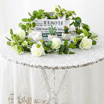 3 Pcs Total 18Ft Artificial Eucalyptus Flower Garland, Faux Eucalyptus Garland with White Roses Fake Flowers Vines for Centerpiece, Wedding, Party, Table, Background, Arch, Indoor Outdoor Decor