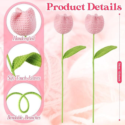 YoungJoy 12 Pcs Crochet Rose Handmade Knitted Flowers Tulip Sunflower Daisy Heart Artificial Knitted Floral Mother Day Graduation Home Decor(Cute Pink Tulip)