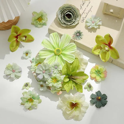 Fake Flower Heads Bulk - Green Silk Daisy & Rose Artificial Flower for Crafts, DIY, Graduation Cap, Wedding, Party, Cake Topper, Home Garland Decor