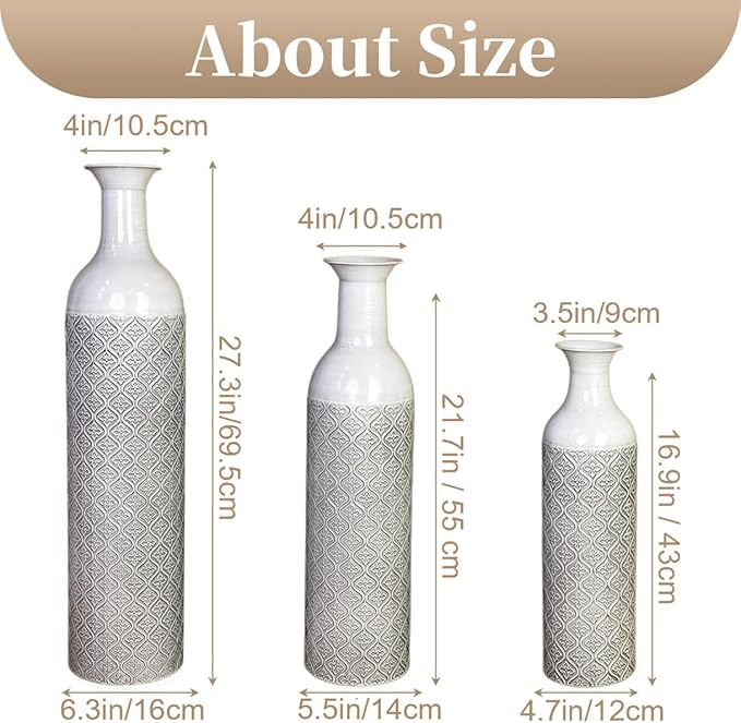 Leewadee Set of 3 Large Floor Vases – Decorative Tall Metal Vases in Grey White (28/22/17 inches) – Elegant Home Decor for Stylish Interiors
