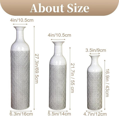 Leewadee Set of 3 Large Floor Vases – Decorative Tall Metal Vases in Grey White (28/22/17 inches) – Elegant Home Decor for Stylish Interiors
