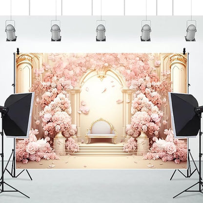 AOFOTO 6x4ft Wedding Backdrop Palace Hall Wall Spring Pink Flower Arch Background for Photography Bridal Shower Valentine's Day Prom Decoration Banner Girl Portrait Photo Booth Backdrop
