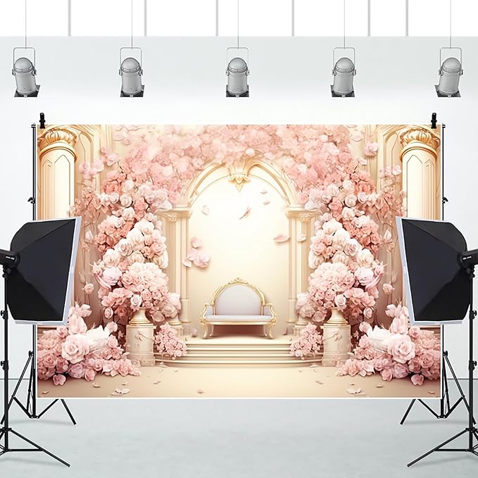 AOFOTO 10x7ft Wedding Backdrop Palace Hall Wall Spring Pink Flower Arch Background for Photography Bridal Shower Valentine's Day Prom Decoration Banner Girl Portrait Photo Booth Backdrop