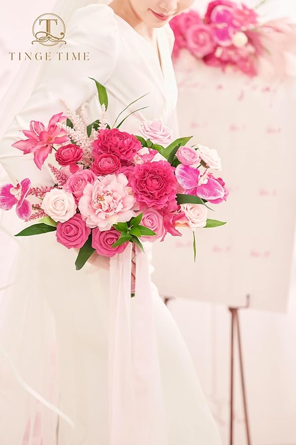 TINGE TIME 11 Inch Wedding Bouquets for Bride，HotPink Artificial Flowers Bouquet， Brides & Bridesmaids Bouquet for Wedding Anniversary Ceremony Bridal Shower Decorations
