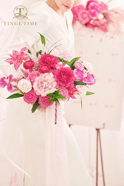 TINGE TIME 11 Inch Wedding Bouquets for Bride，HotPink Artificial Flowers Bouquet， Brides & Bridesmaids Bouquet for Wedding Anniversary Ceremony Bridal Shower Decorations