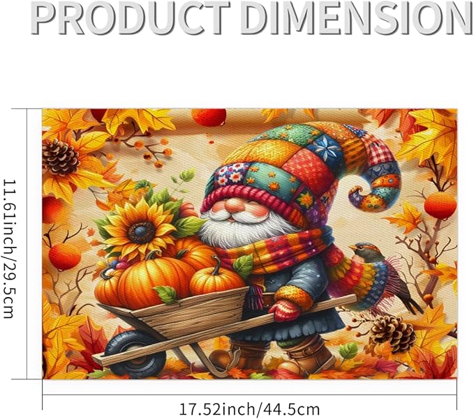 Autumn Gnome Pumpkin Flower Placemats Set of 6 PVC Vinyl Non Slip Table Mats Heat Resistant Place Mats Washable Wipeable Dining Table Mat for Kitchen Decor Party Indoor Outdoor Decorative Gift